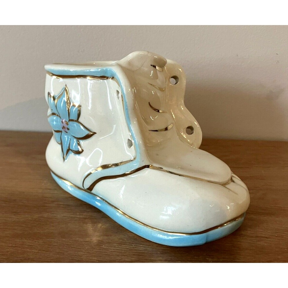 Vintage Ceramic BLUE BABY BOOTIE PLANTER VASE Nursery Decor